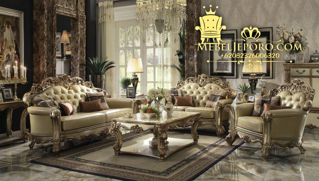 Sofa Tamu Ukir Mewah Set 3 2 1 warna Putih Emas