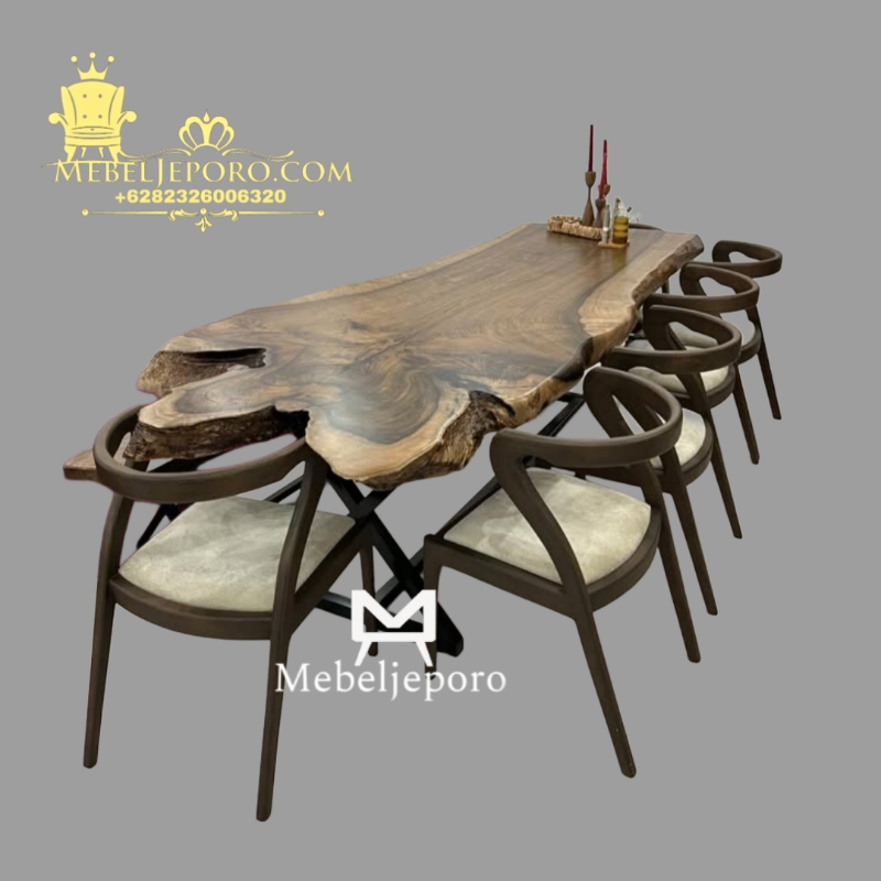 Meja Makan Solid Trembesi Desain Alami Kayu